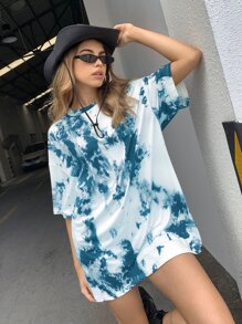 SHEIN Unity Tie Dye Honey Graphic Tee - Blue and White - View 1
