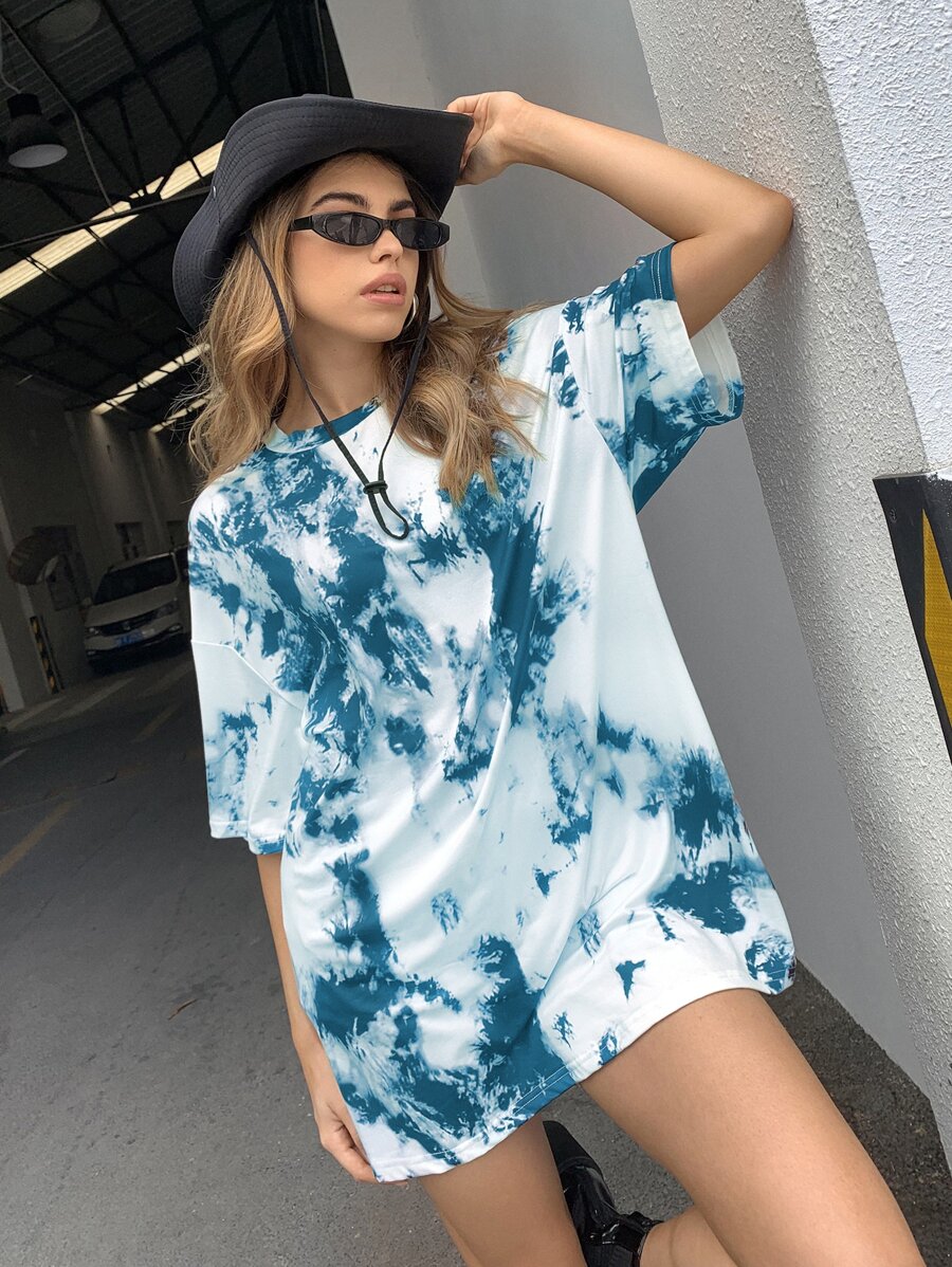 SHEIN Unity Tie Dye Honey Graphic Tee - Blue and White - View 1