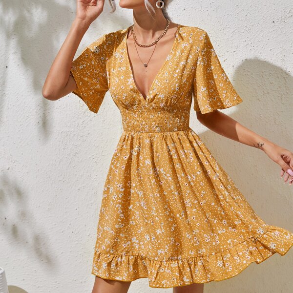 

Ditsy Floral Plunging Neck Flutter Sleeve Dress, Yellow
