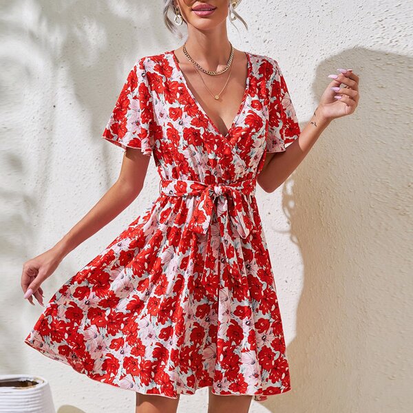 

Flutter Sleeve Belted Floral Dress, Multicolor