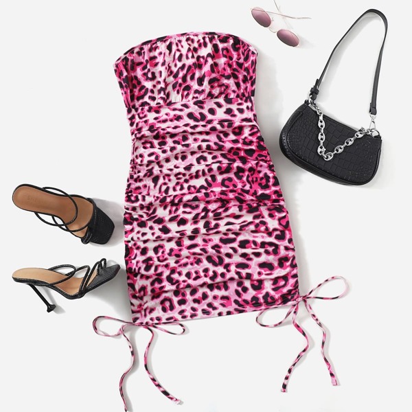 

Ruched Drawstring Knot Leopard Tube Bodycon Dress, Multicolor