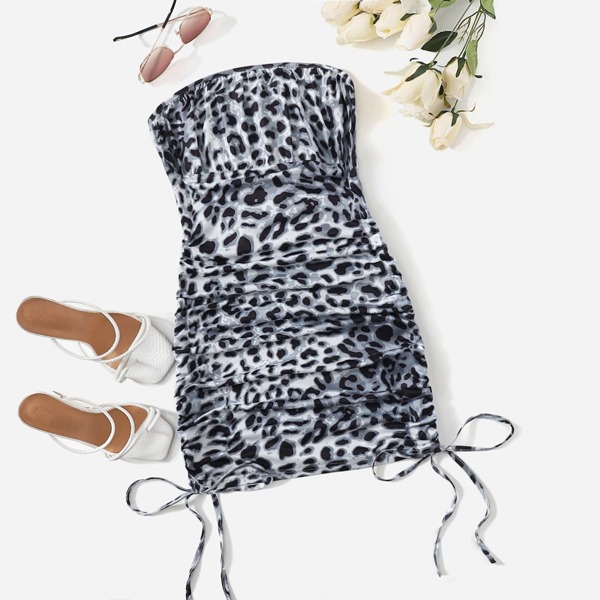 

Ruched Drawstring Knot Leopard Tube Bodycon Dress, Multicolor