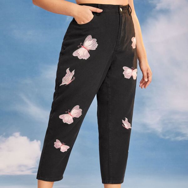 

Plus High Waist Butterfly Embroidery Jeans, Black