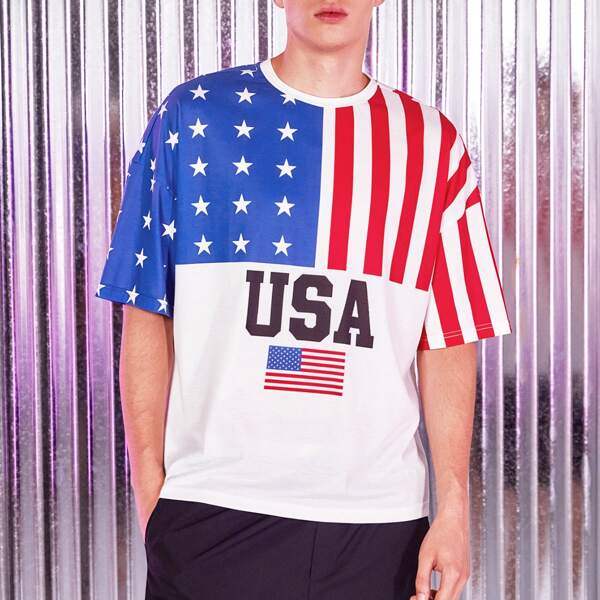 

Men American Flag and Letter Print Drop Shoulder Tee, Multicolor