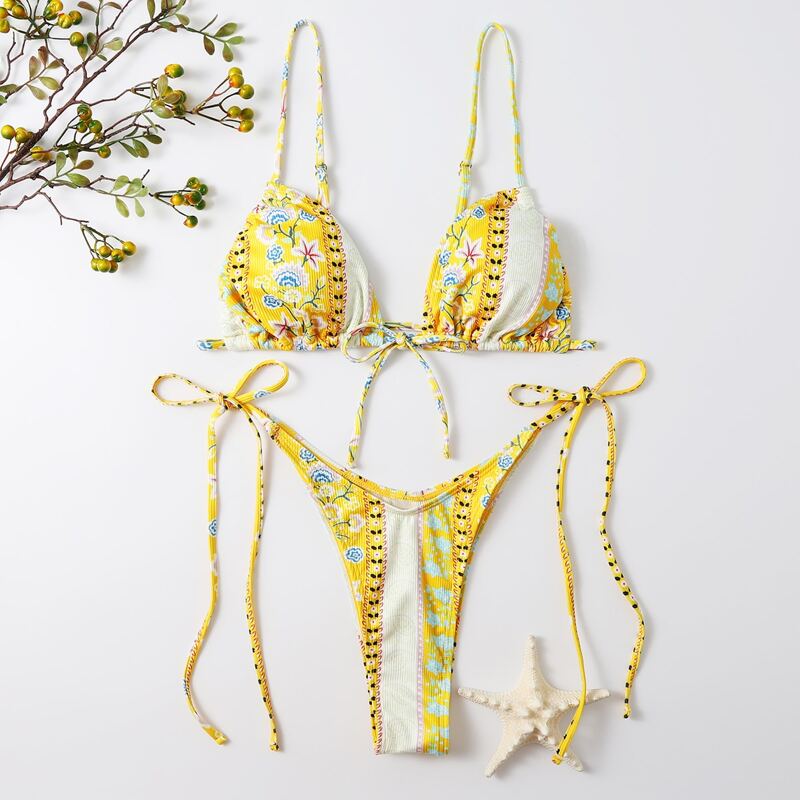 

Graphic Tie Side Bikini Swimsuit, Yellow