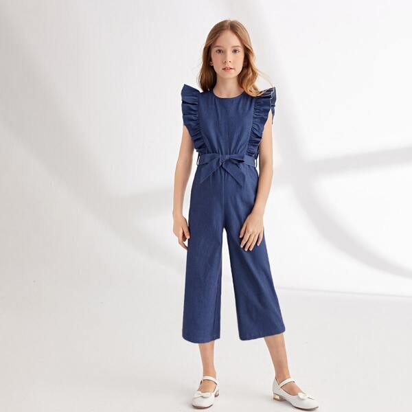 

Girls Ruffle Trim Self Belted Jumpsuit, Navy blue