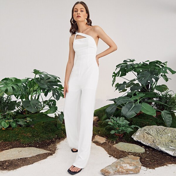 

One Shoulder Solid Jumpsuit, White