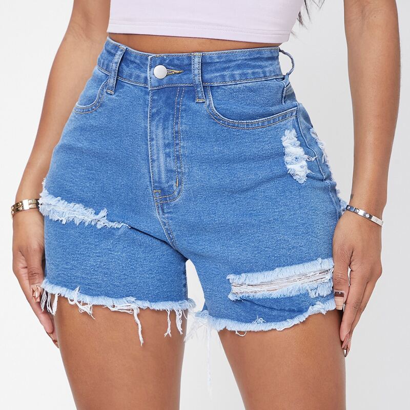 

High Waist Ripped Raw Hem Denim Shorts, Light wash