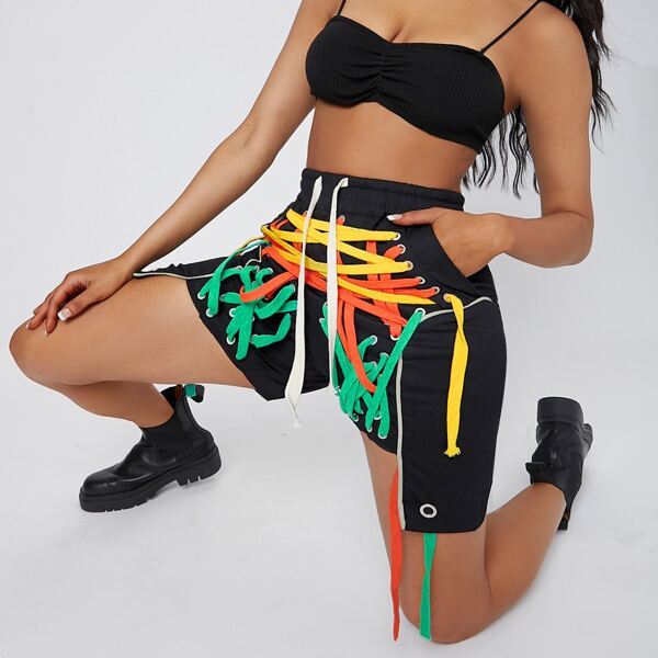 

Multicolored Shoe Lace Decor Drawstring Shorts, Black