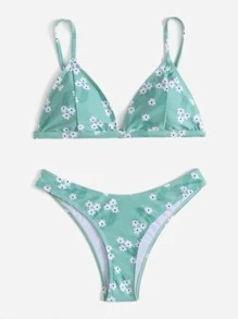 Floral Print Triangle Bikini - Green - View 1