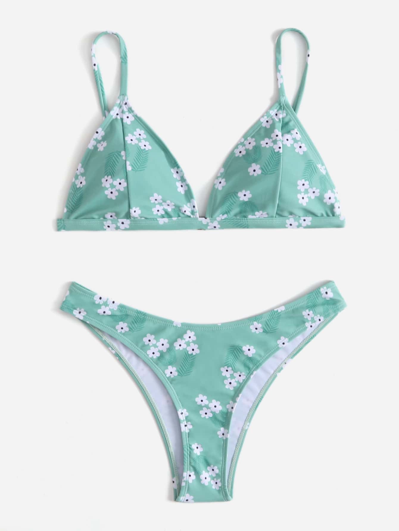 Floral Print Triangle Bikini - Green - View 1