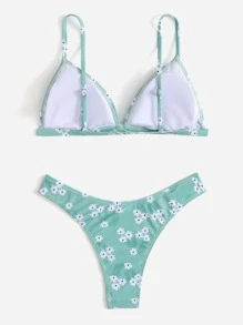 Floral Print Triangle Bikini - Green - View 2
