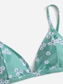 Floral Print Triangle Bikini - Green - View 3