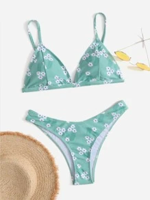 Floral Print Triangle Bikini - Green - View 5