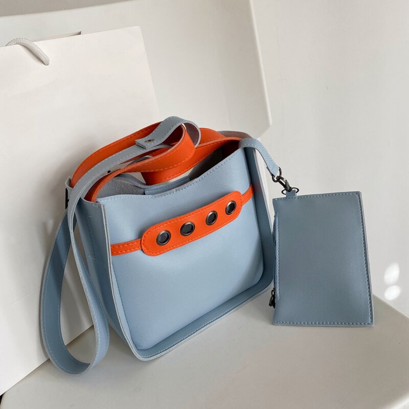 

Eyelet Decor Satchel Bag With Purse, Blue