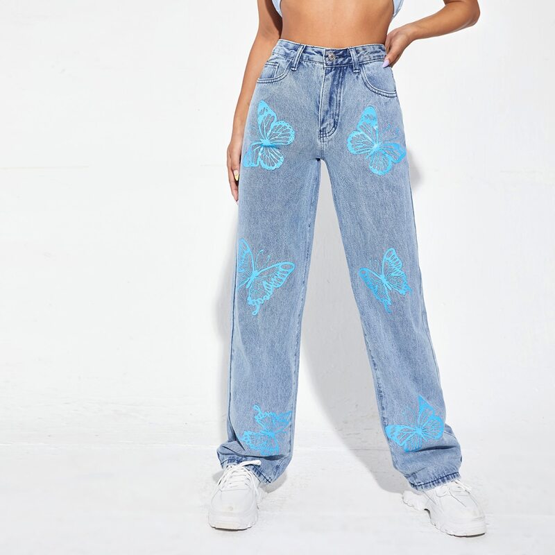 

High Waist Butterfly Print Wide Leg Jeans, Light wash
