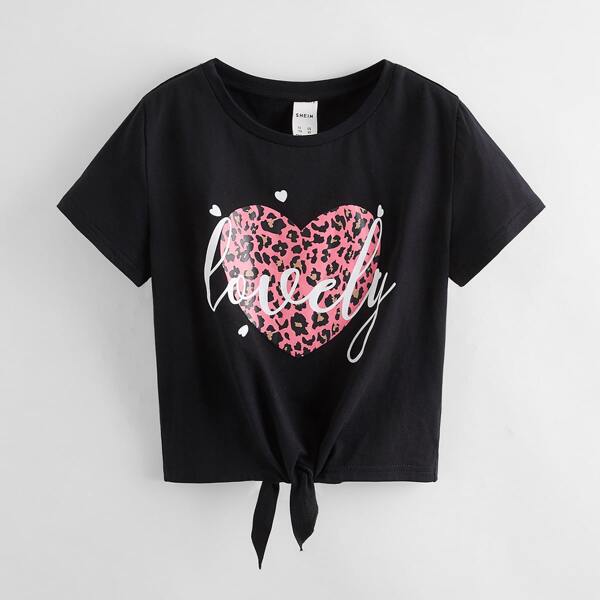 

Girls Knot Hem Letter & Leopard Print Tee, Black
