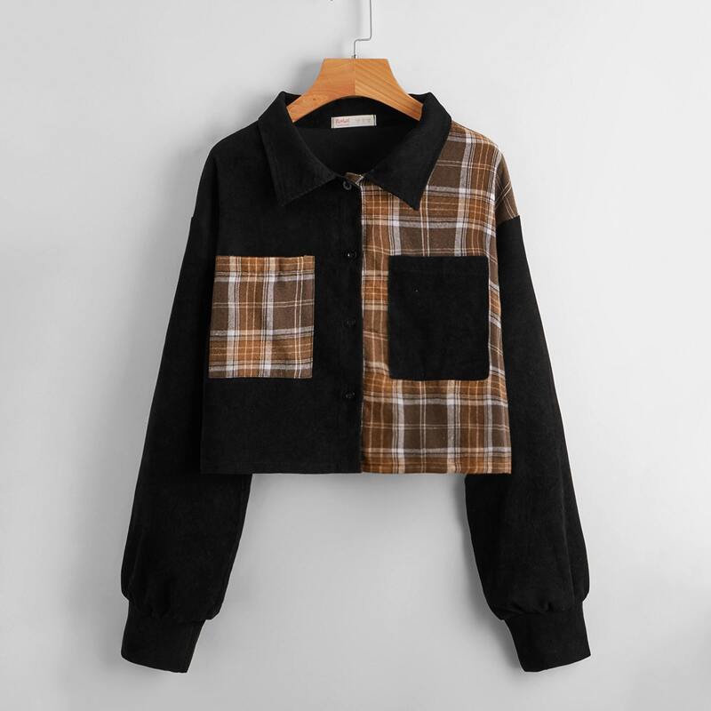 

Corduroy Contrast Plaid Button Front Jacket, Multicolor
