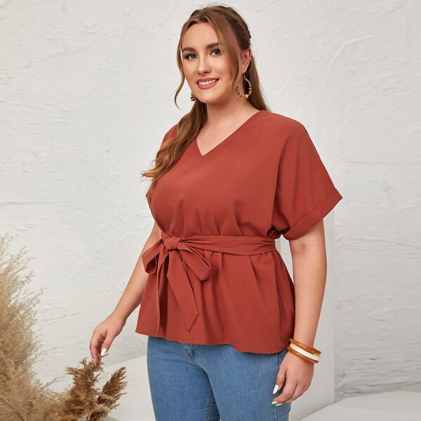 

Plus Solid Belted Top, Red