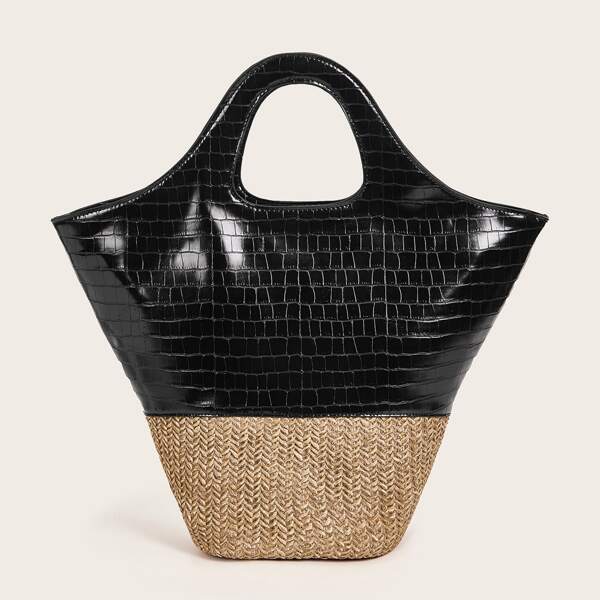 

Straw Panel Tote Bag, Black