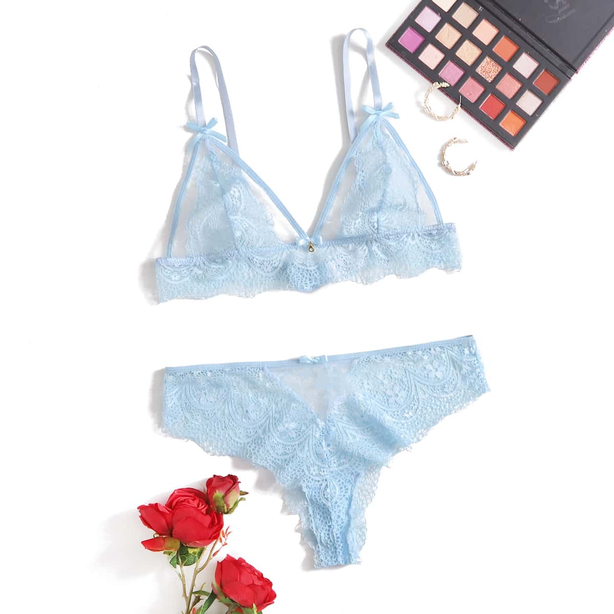 

Plus Floral Lace Harness Lingerie Set, Baby blue