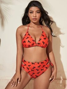 Plus Size Horse Print Triangle Tie Side Bikini Set Summer Beach - Red - View 3