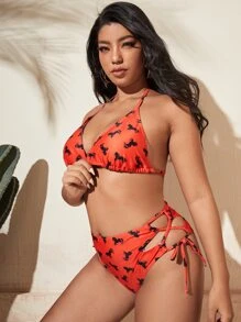 Plus Size Horse Print Triangle Tie Side Bikini Set Summer Beach - Red - View 4
