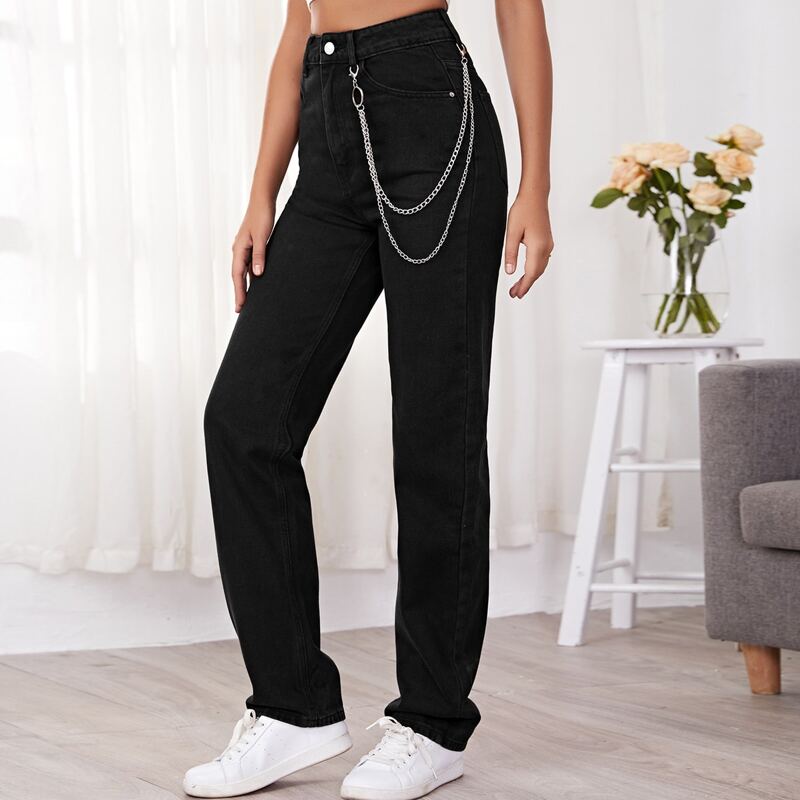 

High Waist Chain Detail Jeans, Black