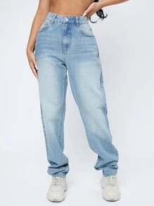 SHEIN Essnce High Waist Mom Jeans Baggy Jeans - Light Wash - View 1
