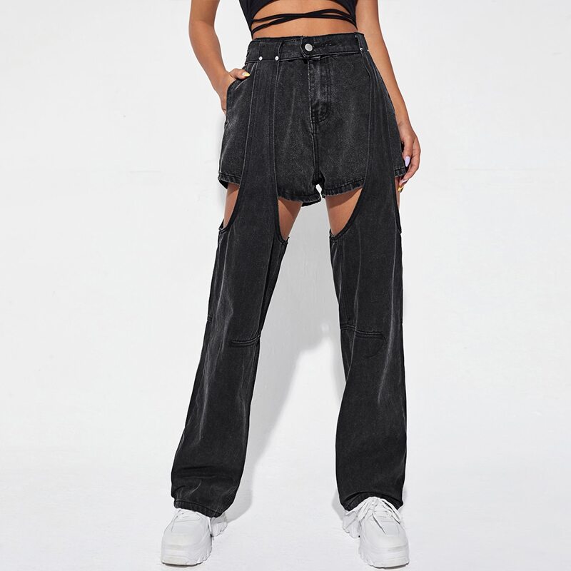 

Cut-out 2 In 1 Boyfriend Jeans, Dark grey
