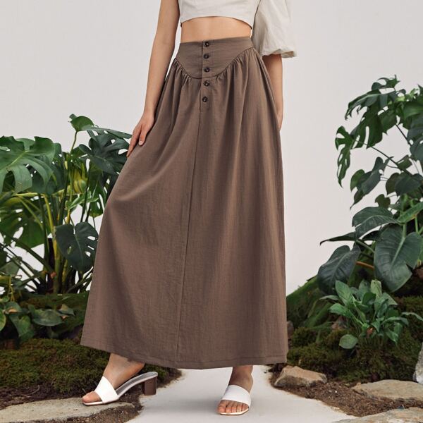 

Button Front Solid Skirt, Mocha brown