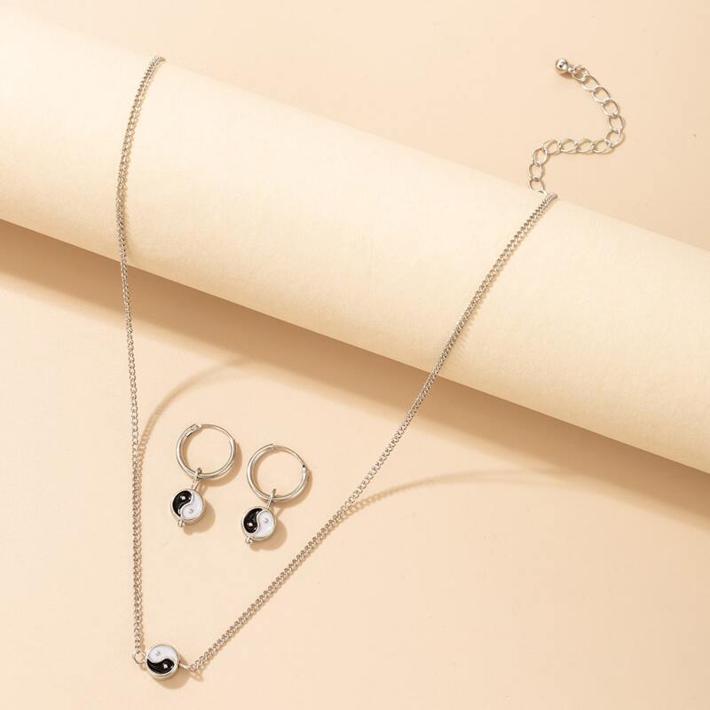 

1pc Yin & Yang Pendant Necklace & 1pair Drop Earrings, Silver