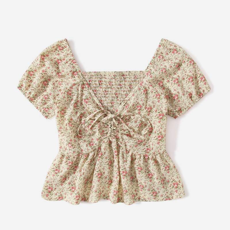 

Ditsy Floral Puff Sleeve Drawstring Ruffle Hem Shirred Blouse, Multicolor