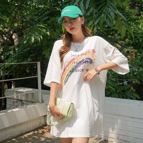 

Letter & Rainbow Striped Tee Dress, White