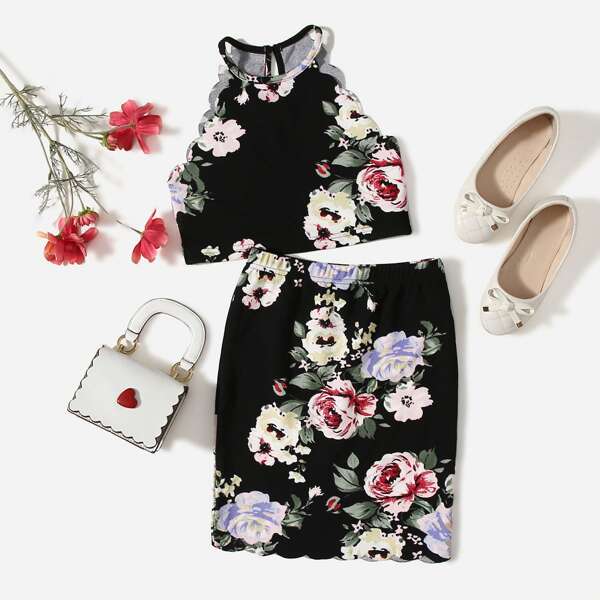 

Girls Scallop Edge Floral Halter Top and Skirt Set, Multicolor