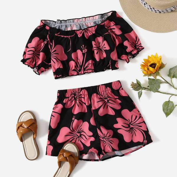 

Girls Off Shoulder Floral Top and Shorts Set, Multicolor
