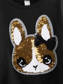SHEIN Girls Bow Detail Sequin Rabbit Pullover - Black - View 4