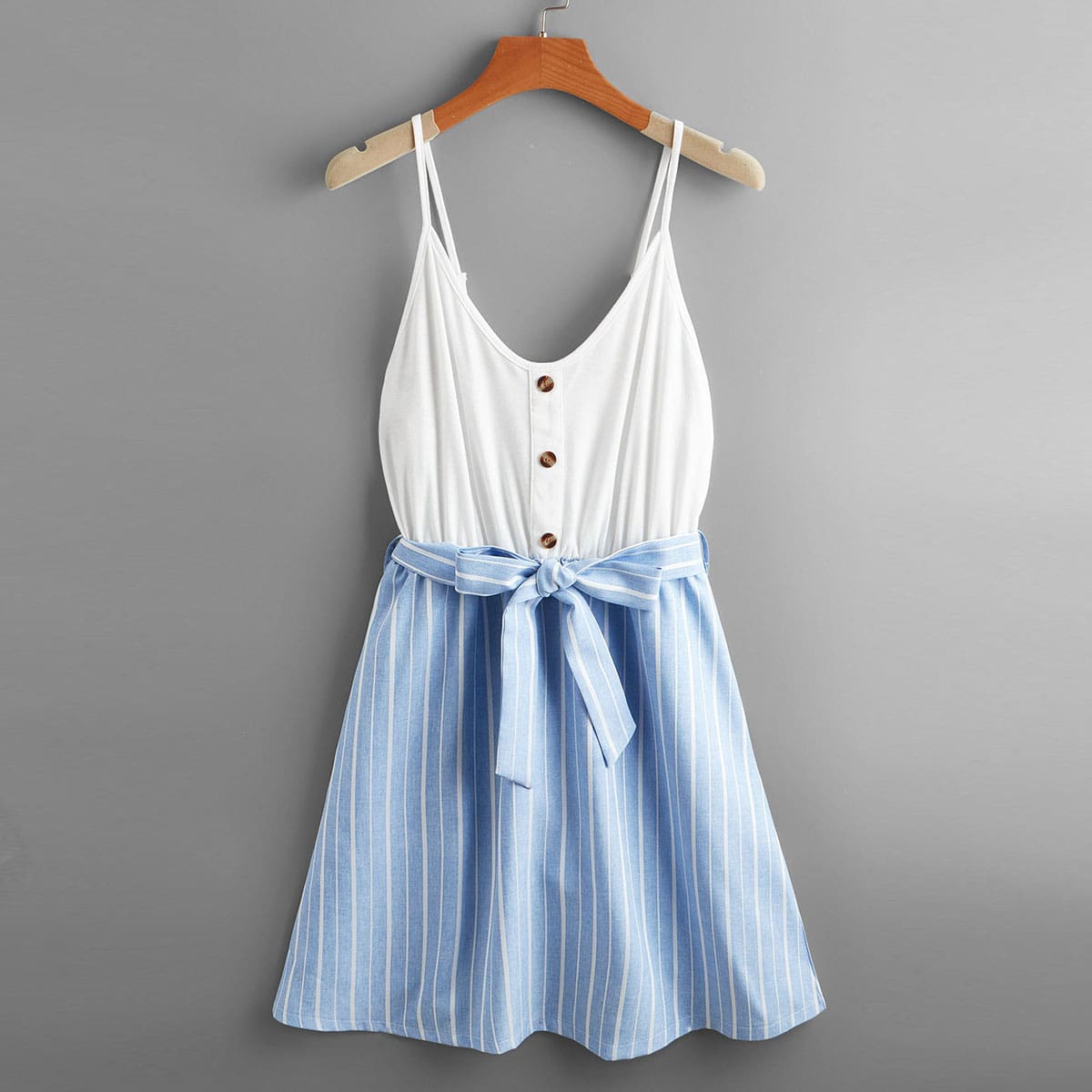 

Striped Button Belted Dress, Blue and white