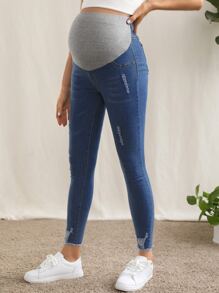SHEIN 孕婦裝高腰破洞細節緊身牛仔褲 - 中等水洗藍 - 查看 1