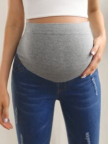 SHEIN 孕婦裝高腰破洞細節緊身牛仔褲 - 中等水洗藍 - 查看 2