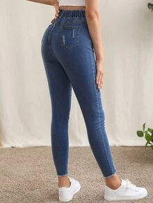 SHEIN 孕婦裝高腰破洞細節緊身牛仔褲 - 中等水洗藍 - 查看 4