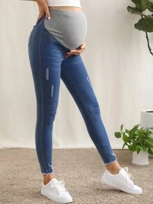 SHEIN 孕婦裝高腰破洞細節緊身牛仔褲 - 中等水洗藍 - 查看 5