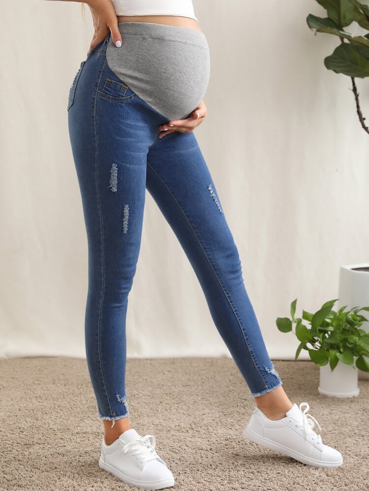 SHEIN Maternity High Waist Ripped Detail Skinny Jeans - Medium Wash - View 5