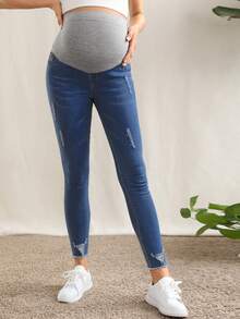 SHEIN 孕婦裝高腰破洞細節緊身牛仔褲 - 中等水洗藍 - 查看 6