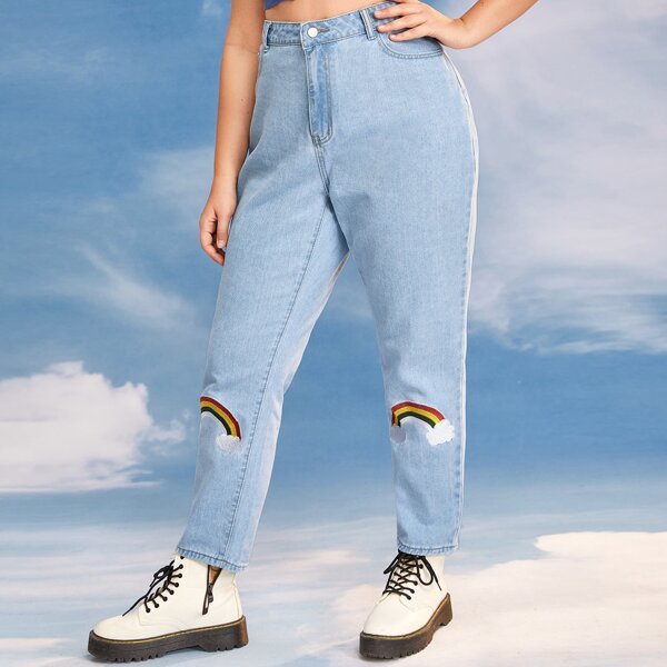 

Plus Rainbow Embroidery Mom Jeans, Light wash