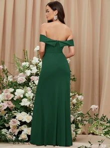 SHEIN Belle Solid Off Shoulder Split Thigh Bridesmaid Dress - Dark Green - View 2