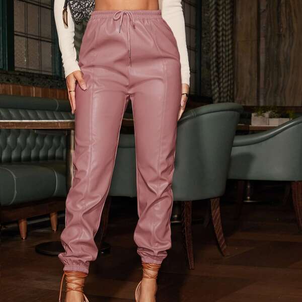 

Knot Waist PU Leather Pants, Dusty pink
