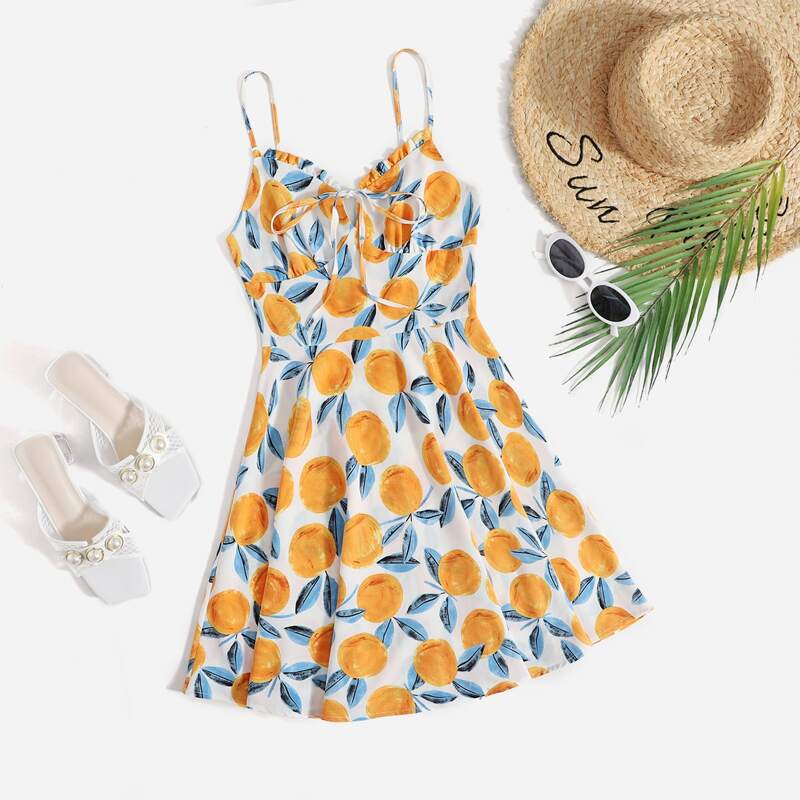 

Fruit Print Tie Front Cami Dress, Multicolor