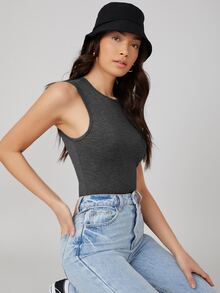 SHEIN BASICS Body tank unicolor forma ajustada - Gris Oscuro - Ver 3