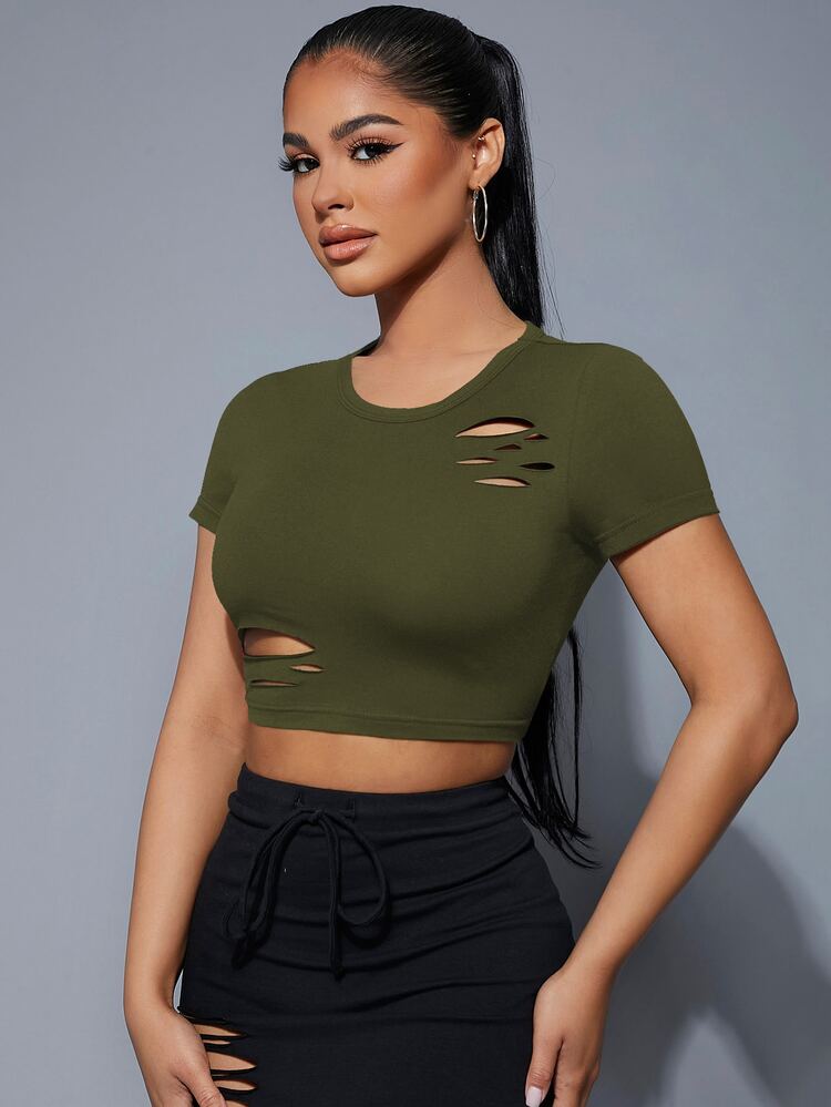 SHEIN SXY Ripped Crop Top - Army Green - View 5